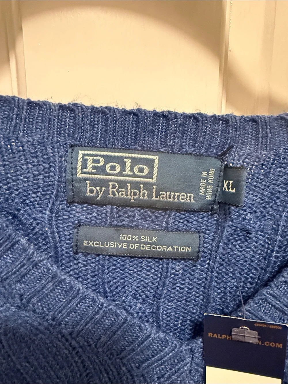 Polo Ralph Lauren Vintage Blue cable knit 100% Silk Sweater w/ Red Pony-XL